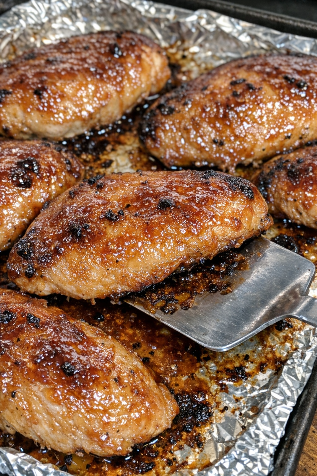 Tender glazed chicken breasts on a foil-lined baking sheet