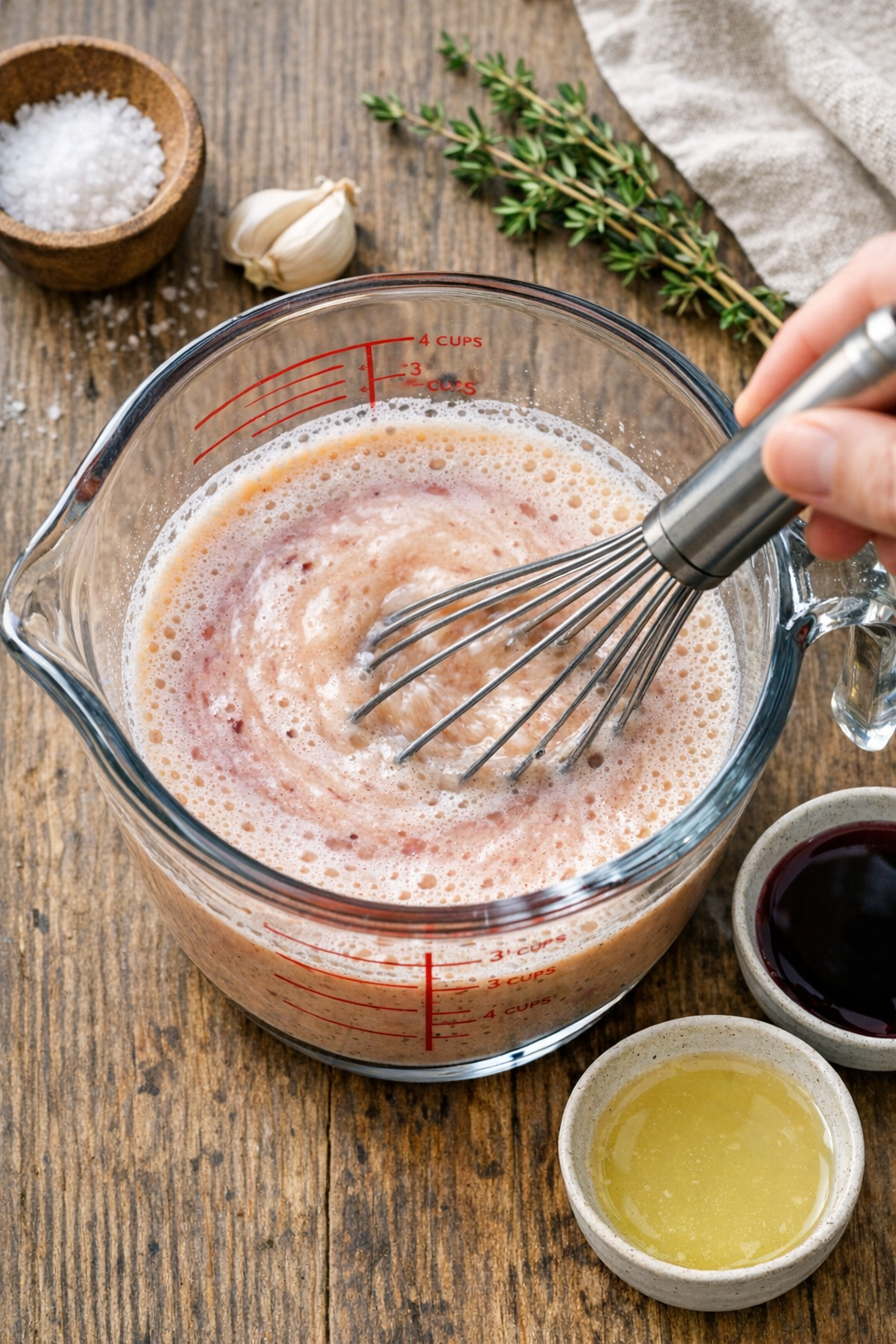Broth, red wine, and cream mixed in a measuring cup