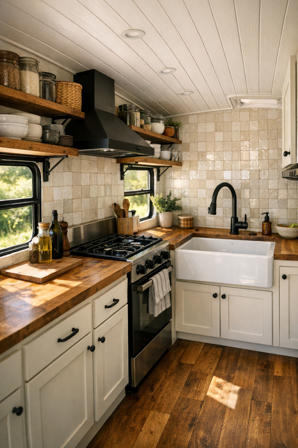 Bright off-grid bus kitchen with butcher block counters and open shelving