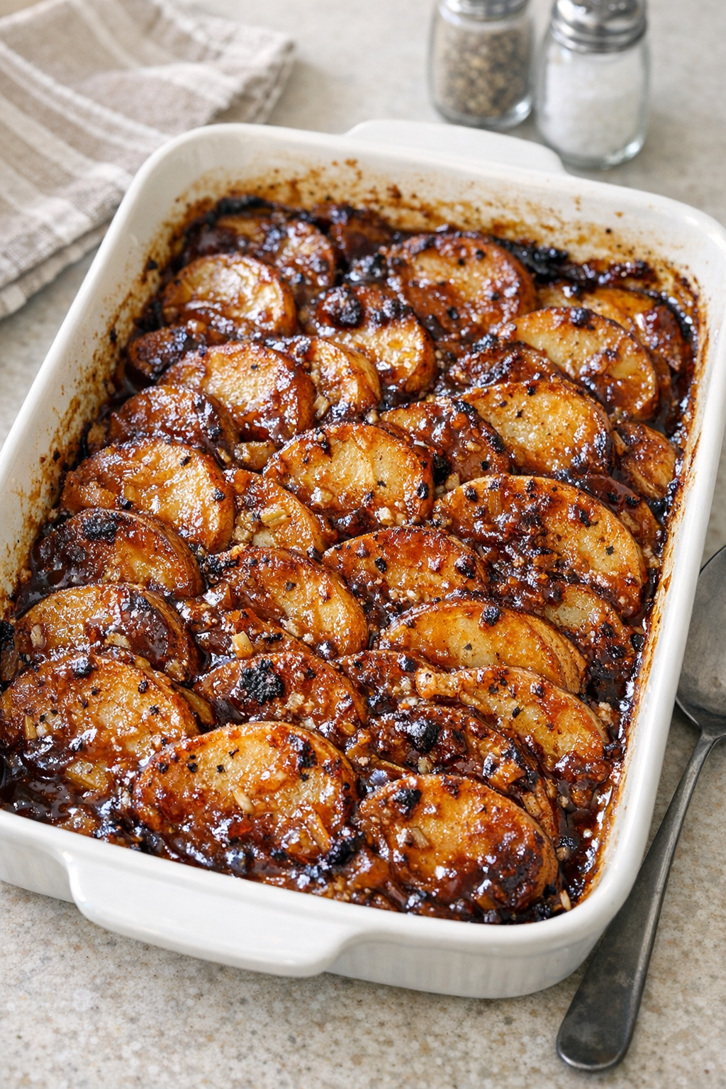 Finished hickory BBQ baked potatoes in a rustic baking dish