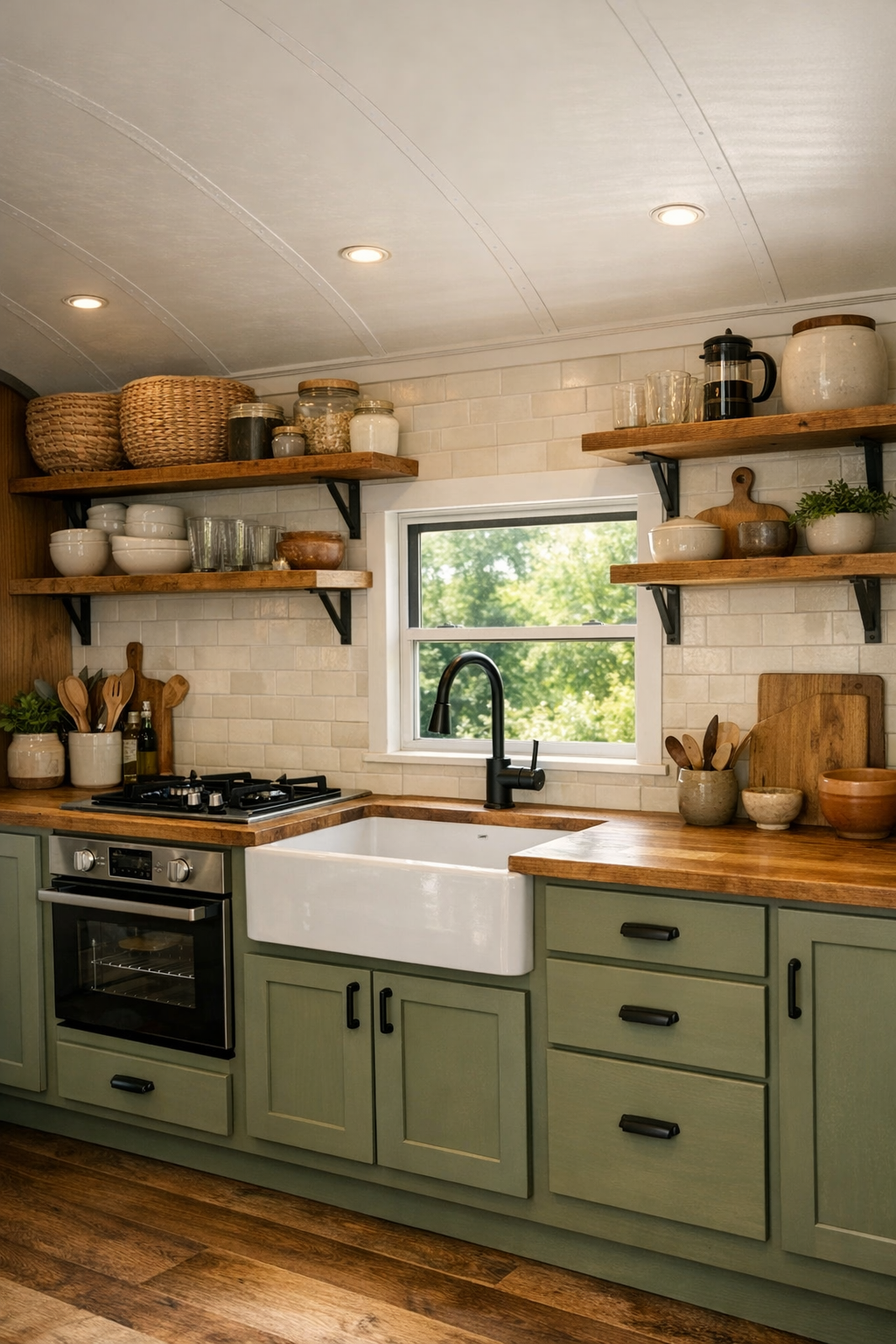 Warm converted bus kitchen with olive cabinets and butcher block counters
