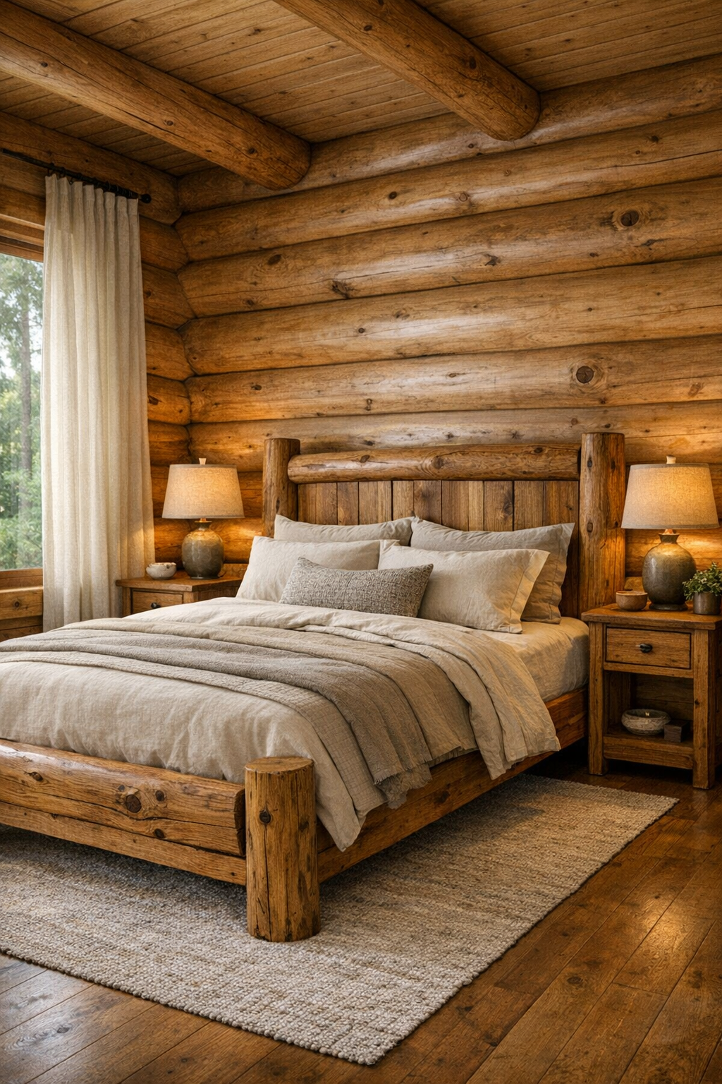 Serene cedar bedroom with a handcrafted wood bed and layered neutral bedding