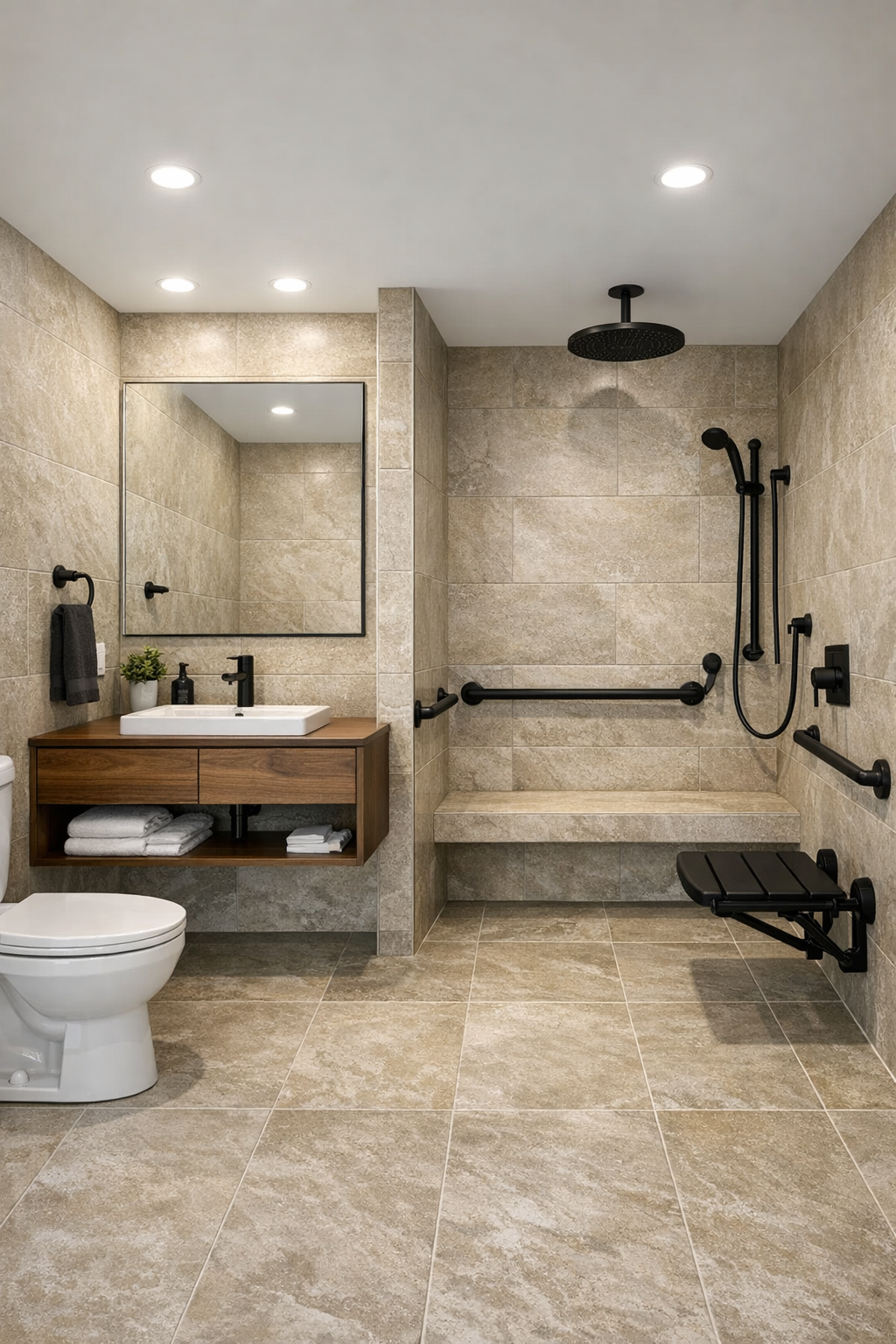 Spa-like accessible bathroom with curbless shower and warm stone finishes