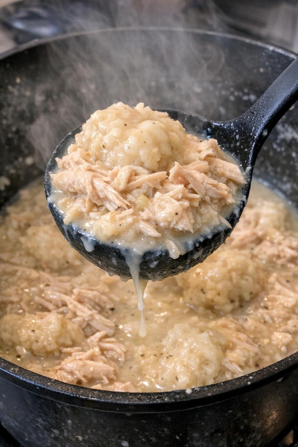 Tender shredded chicken and fluffy dumplings in a black pot