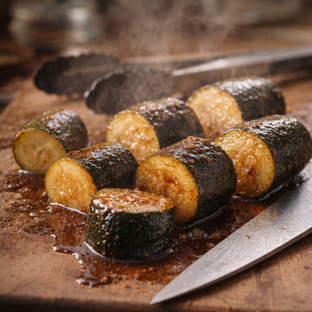 Cooked zucchini being sliced on a cutting board