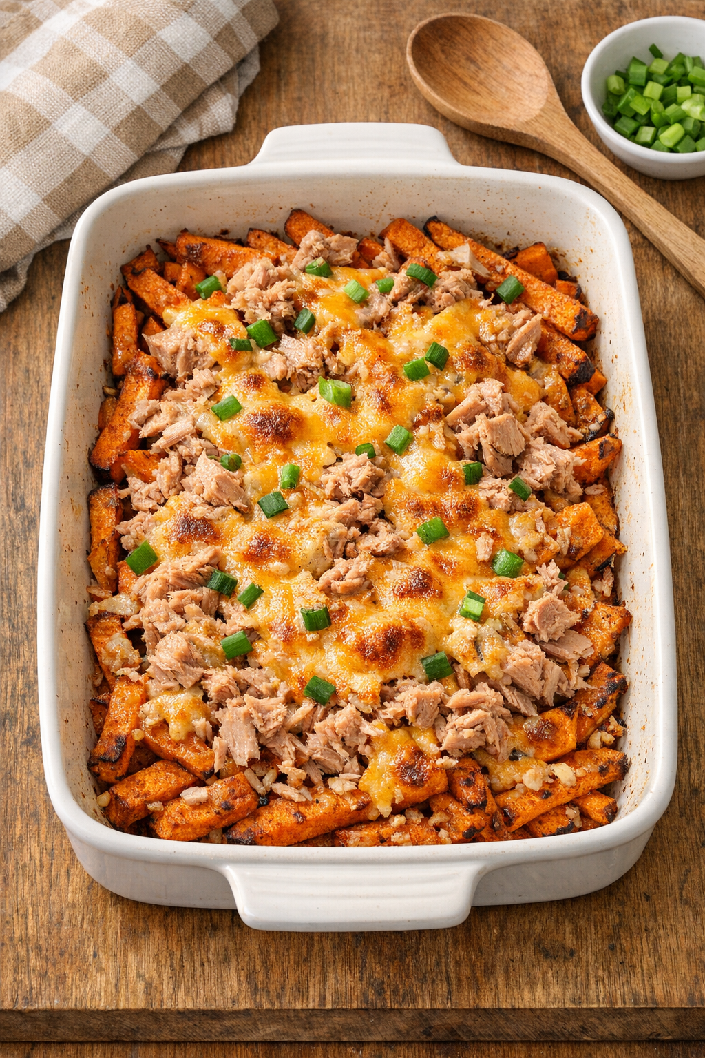 Finished baked tuna and sweet potato fries in a casserole dish