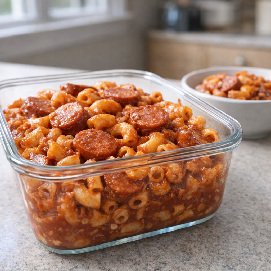 Leftover hot dog macaroni packed for an easy next-day meal