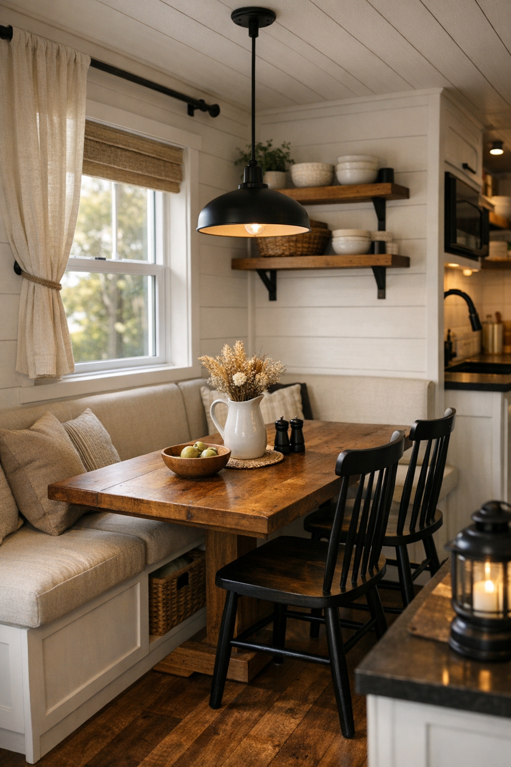 Compact farmhouse dining nook with wood table and built-in seating