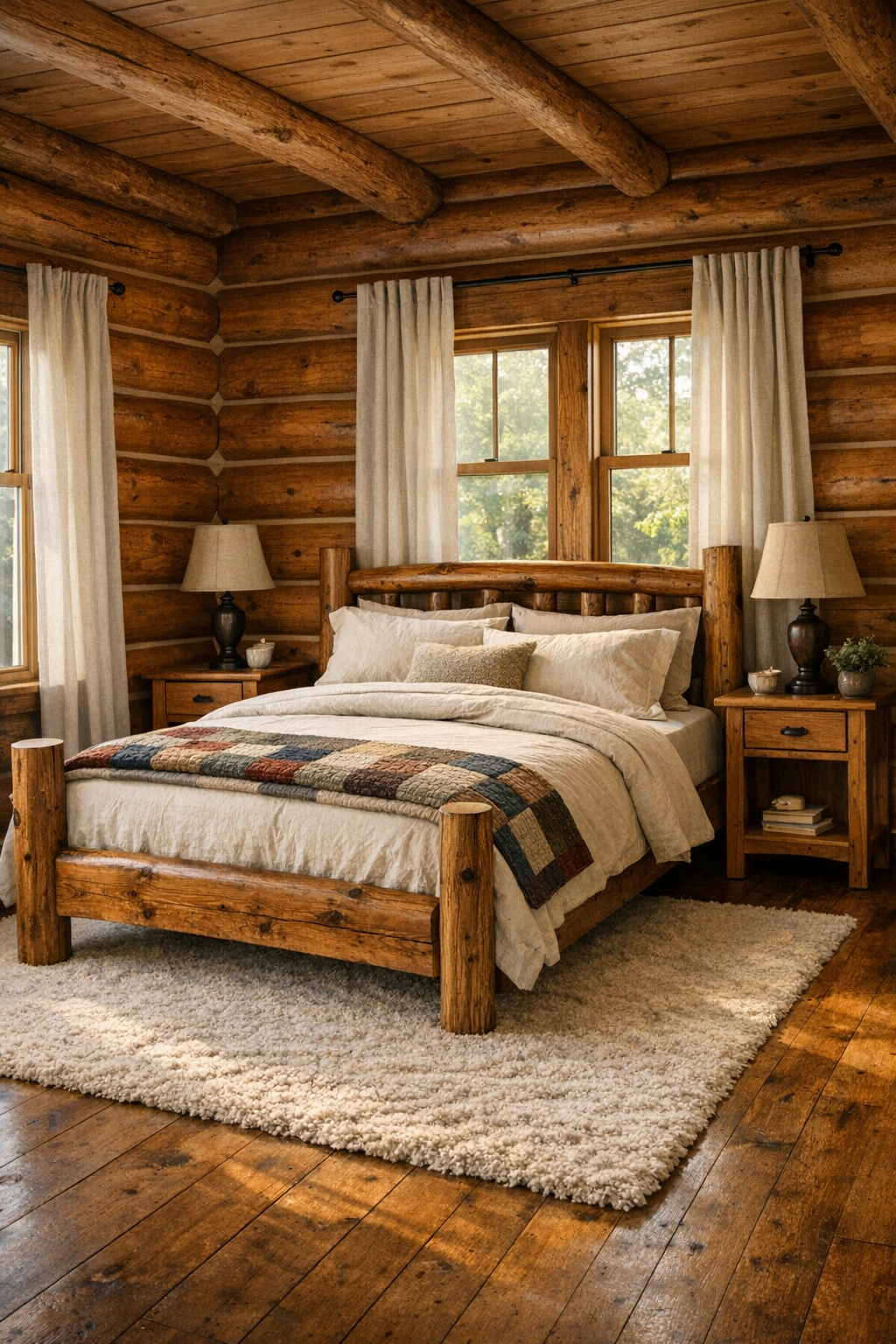 Calm rustic bedroom with log walls, quilted bed, and handcrafted wood furniture