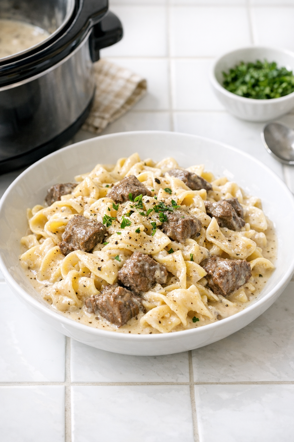 Finished creamy beef pasta plated in a bowl