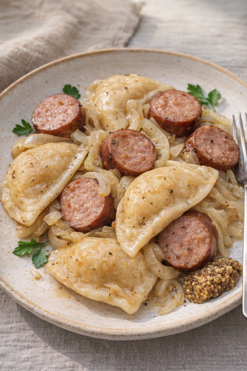 Serving of sausage and pierogies with mustard on the side