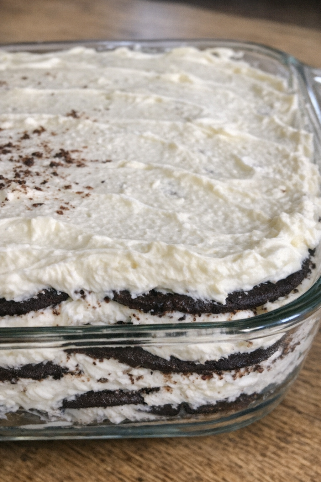 Finished 4-ingredient icebox cake in a glass casserole dish