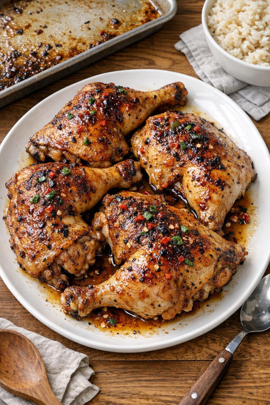 Finished baked chicken leg quarters on a platter