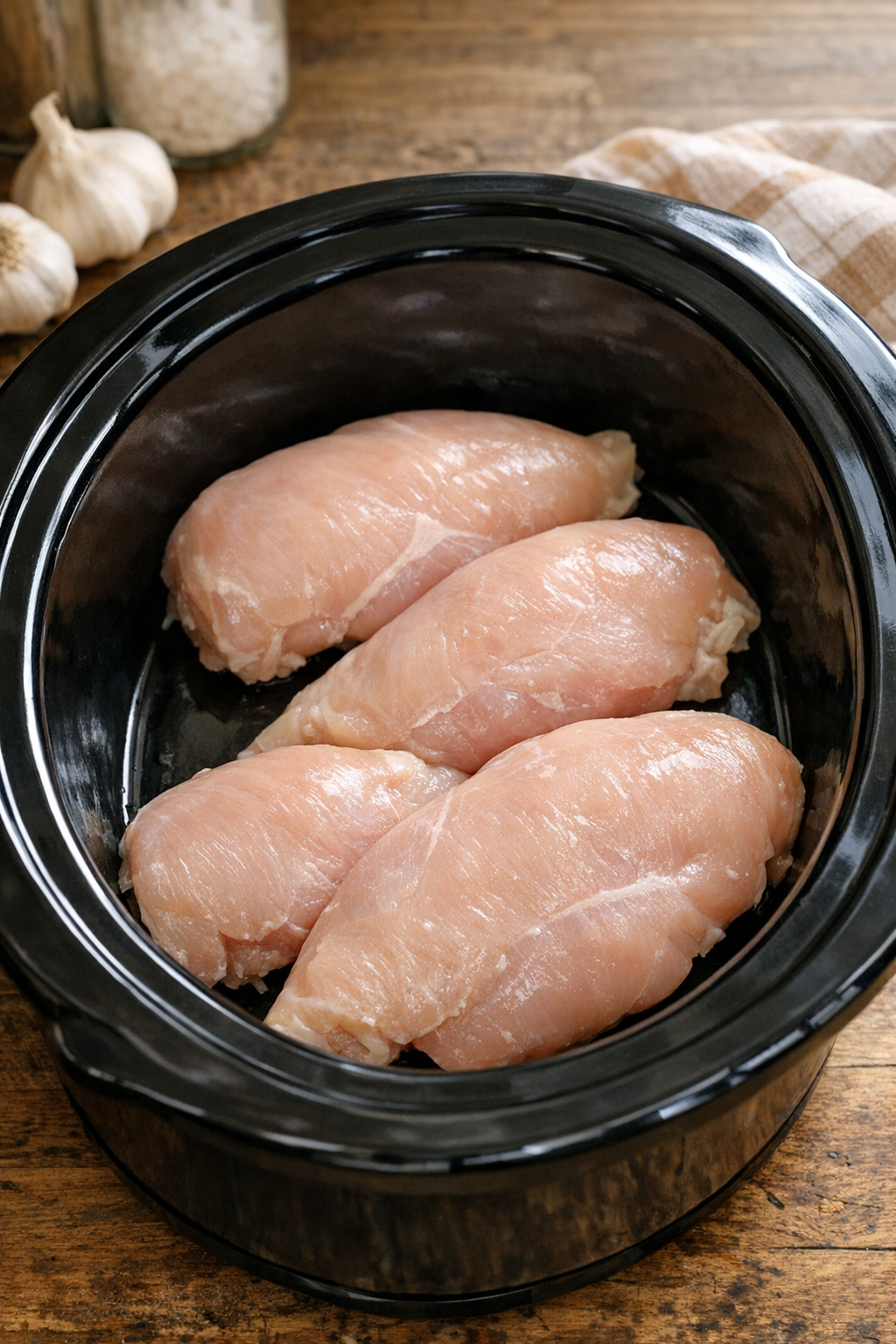 Raw chicken breasts arranged in a slow cooker