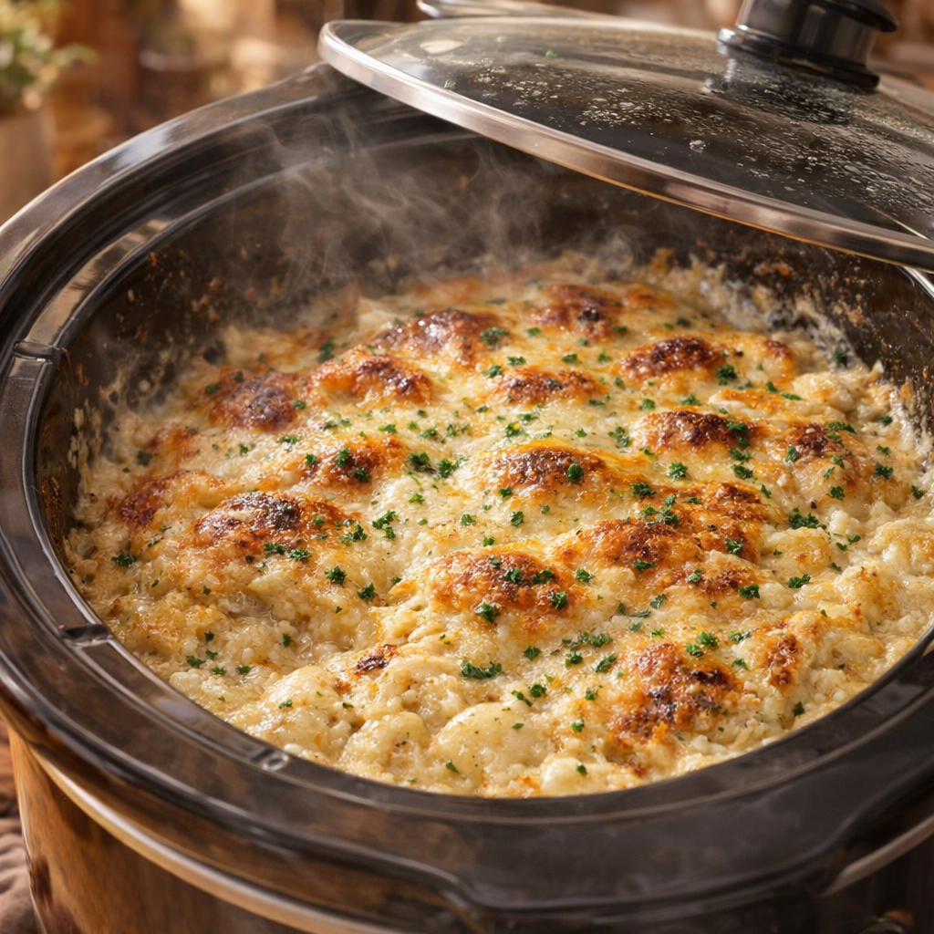 Finished potato casserole resting in the slow cooker
