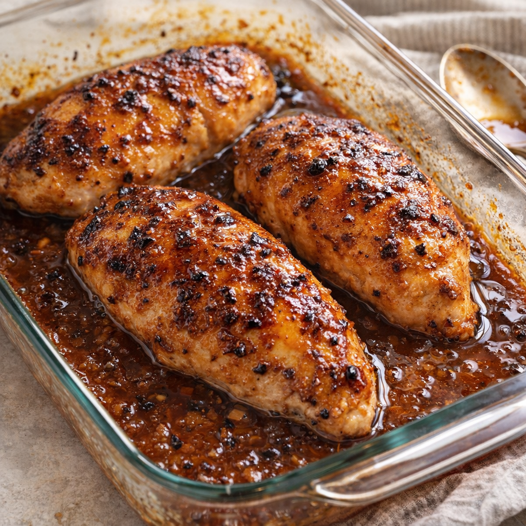 Baked chicken breasts in glossy apricot sauce in a glass dish