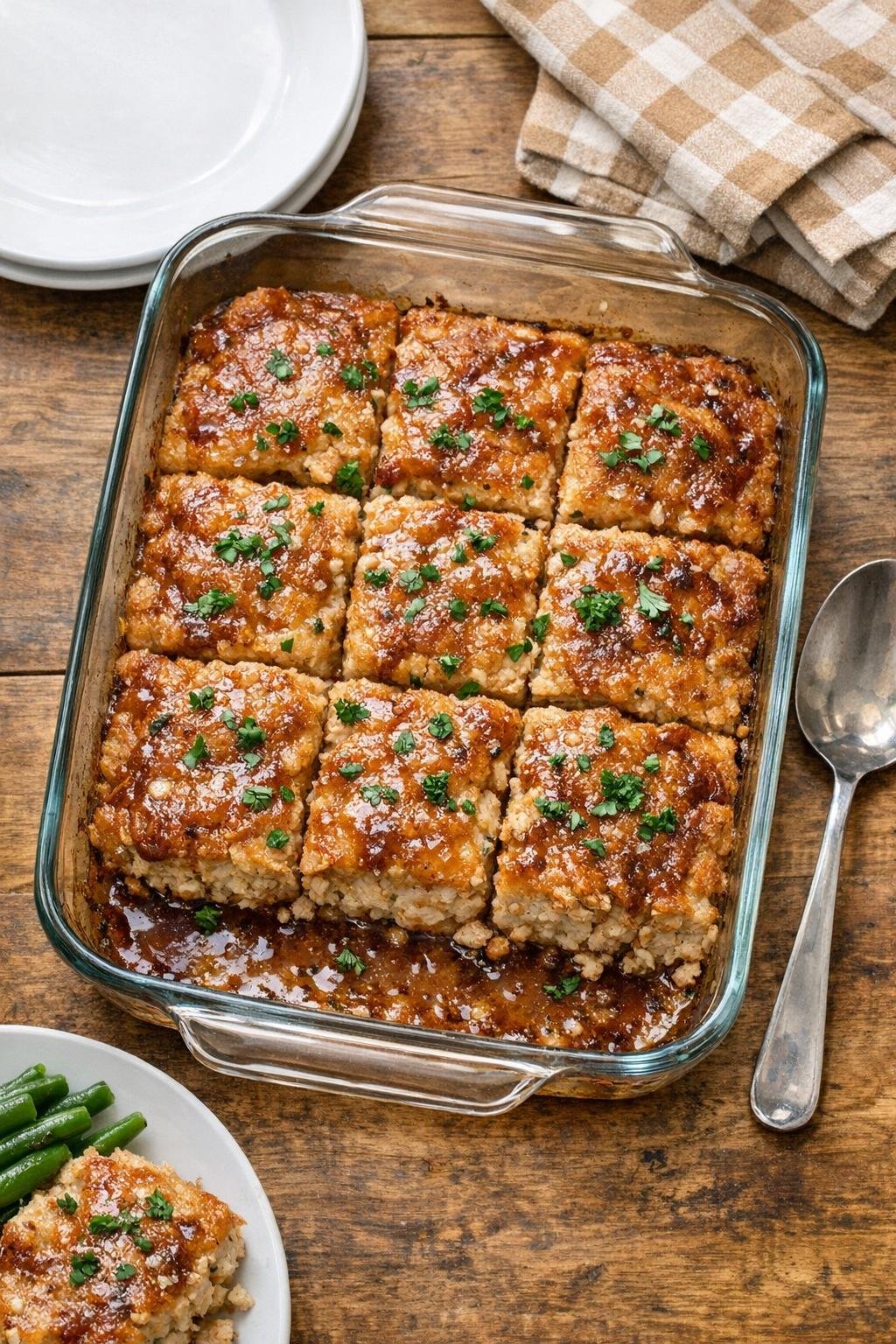 Finished baked ground chicken casserole in a glass dish