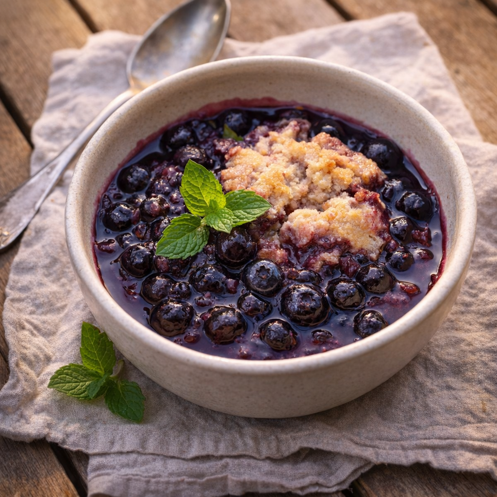 Slow cooker blueberry dessert served warm in a bowl