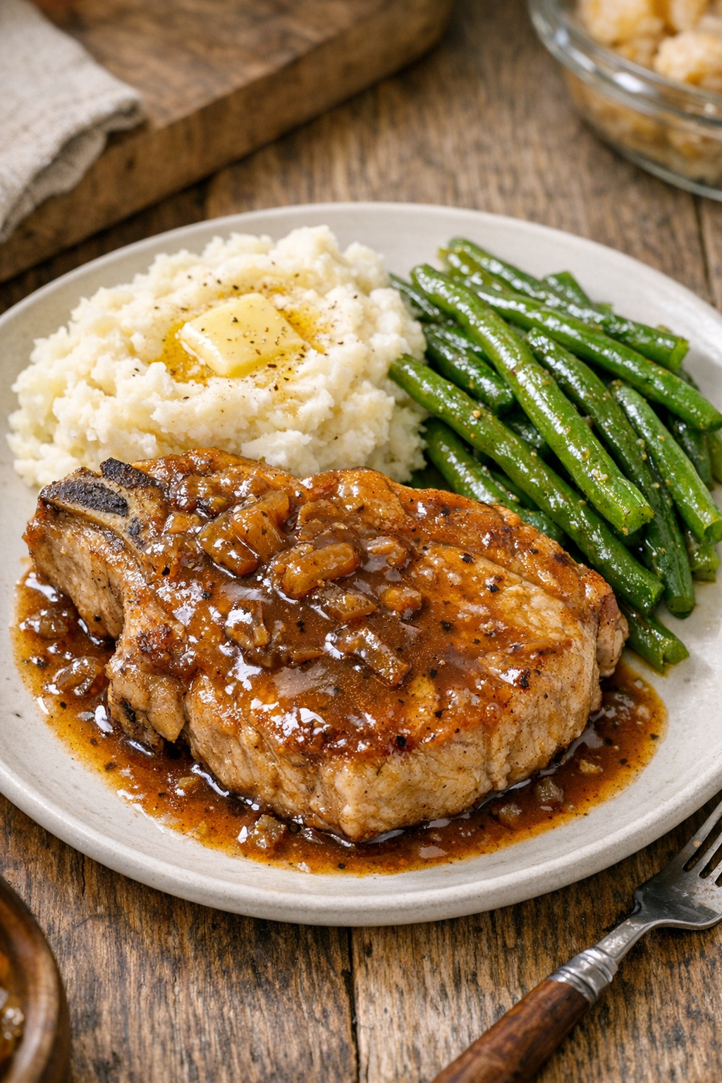 Finished slow cooker pork loin chops plated with sauce
