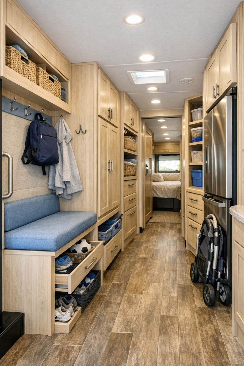 Thoughtful storage and hallway area inside an accessible RV camper