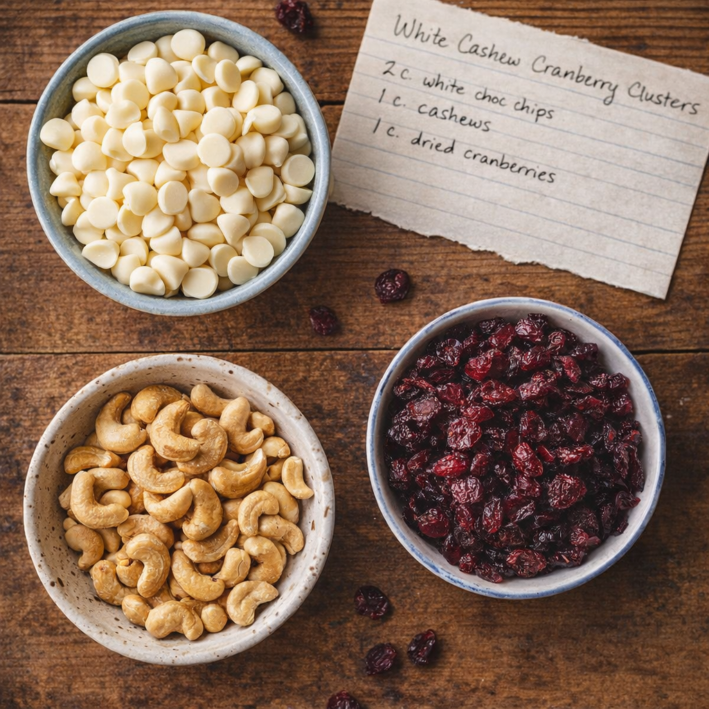 White chocolate, cashews, and cranberries measured for baking