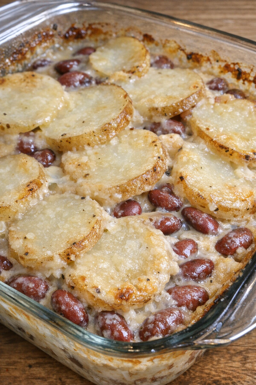 Baked kidney bean potato casserole in a glass dish