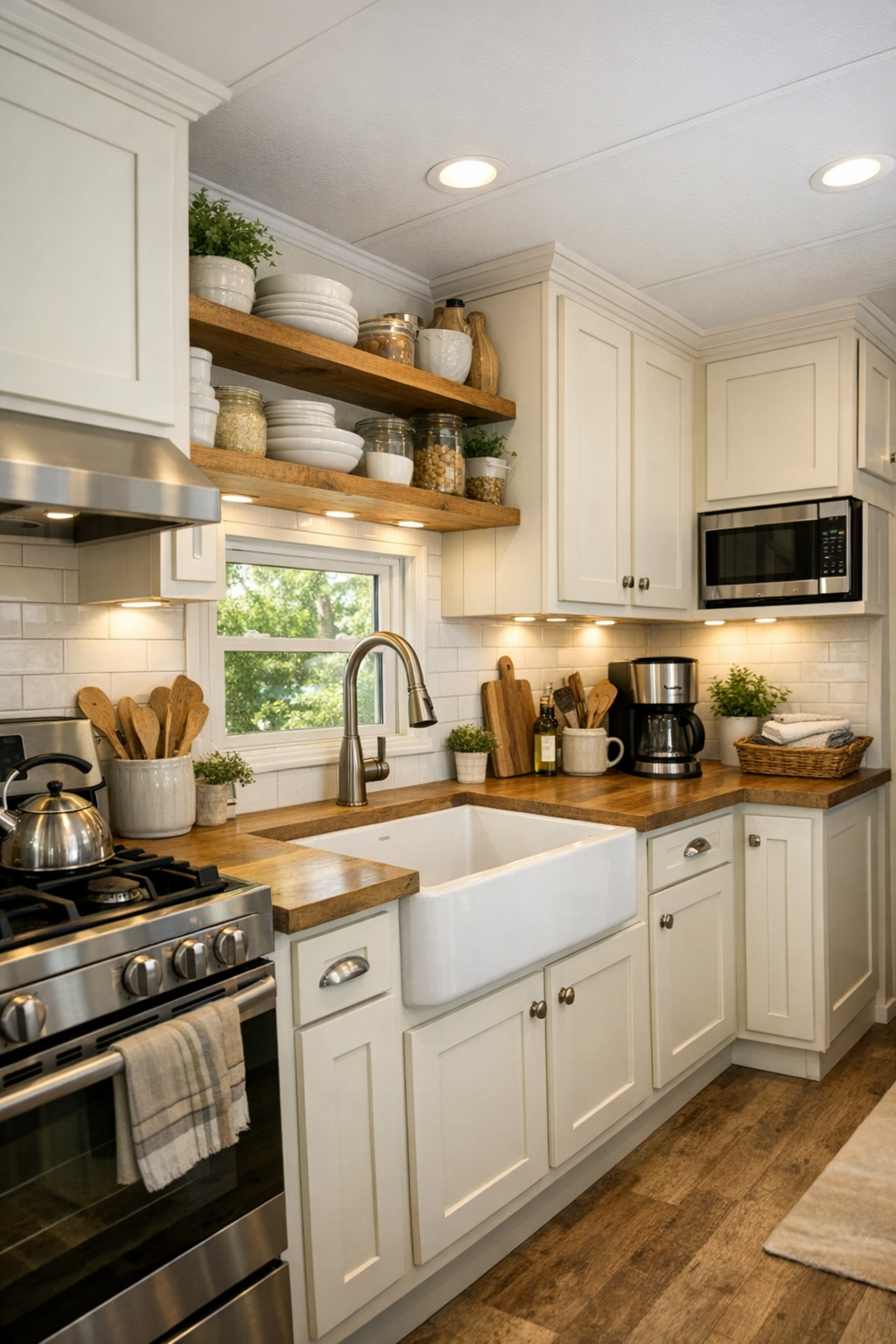 Charming cottage kitchen with shaker cabinets, a farmhouse sink, and warm counters