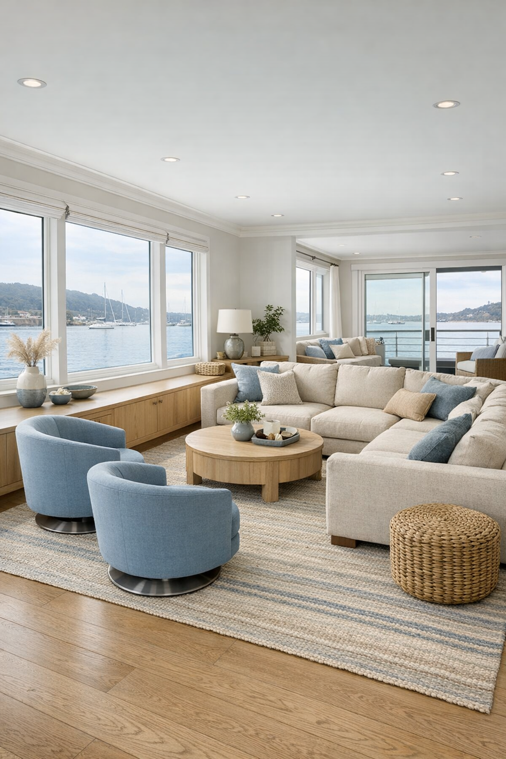 Bright coastal living room with accessible open layout and soft neutral furnishings
