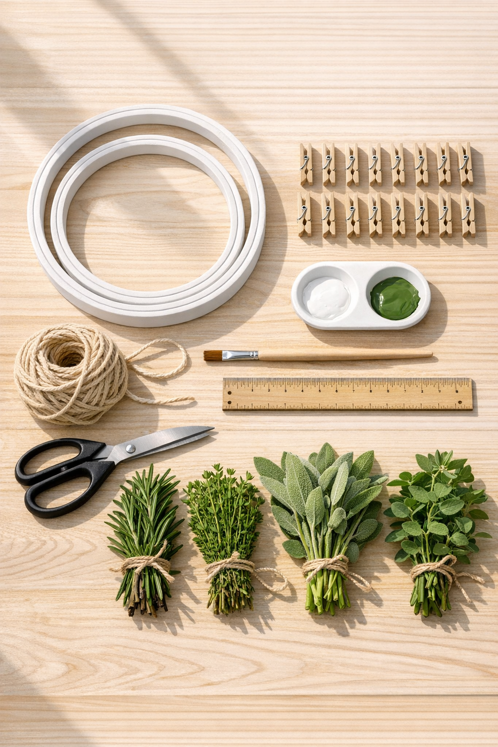 Materials for a DIY herb drying rack laid out on a table