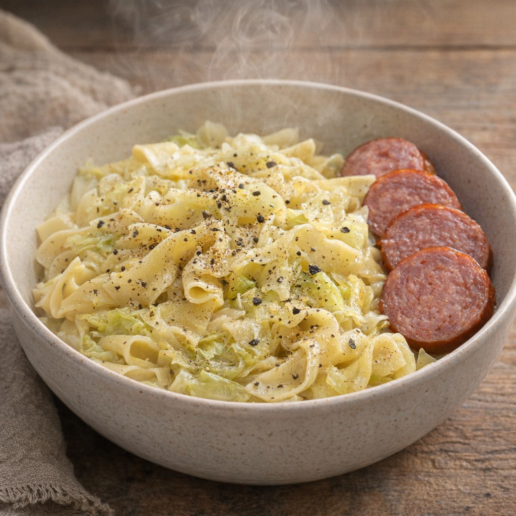 Bowl of cabbage noodles with black pepper