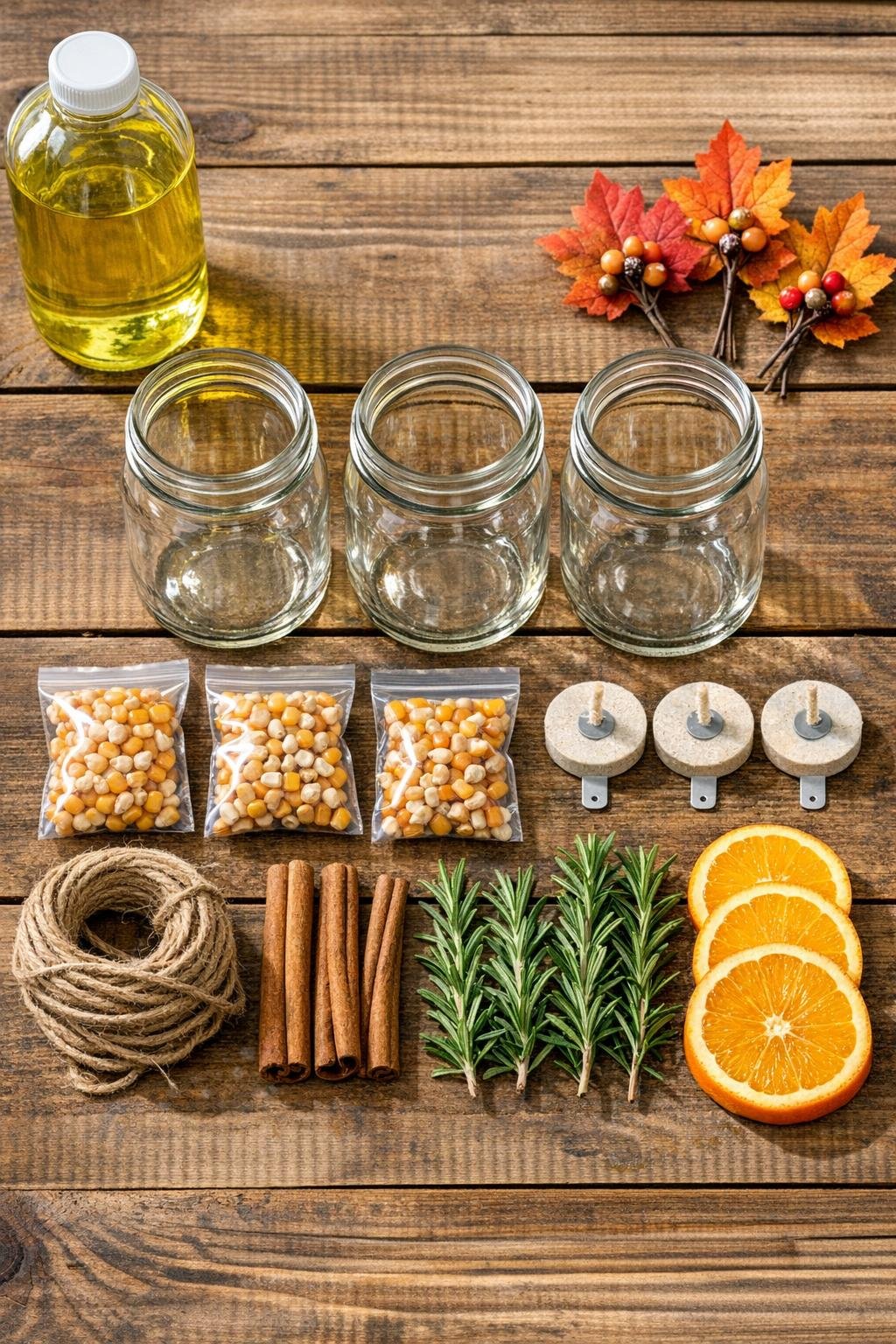 Materials for autumn bug repellent jam jar luminaries laid out on a table