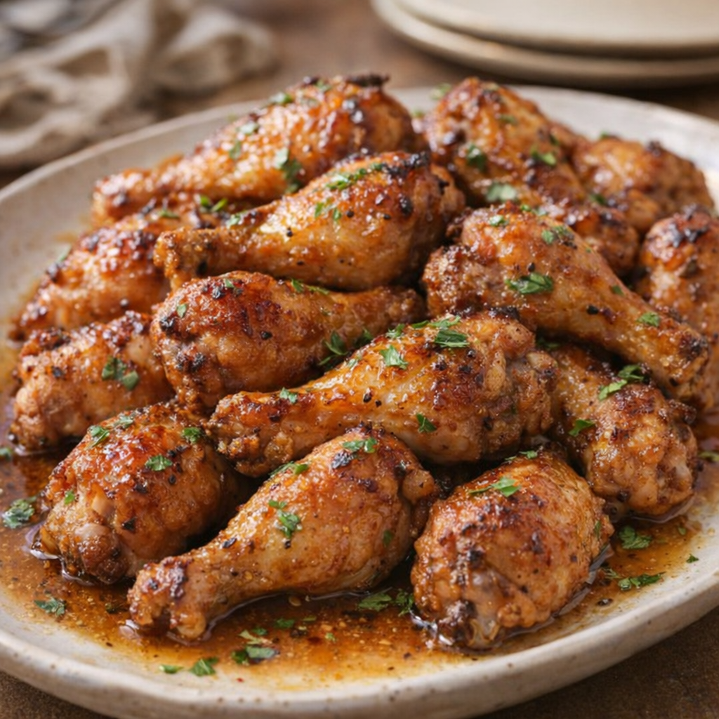 Finished oven chicken drumettes served family-style