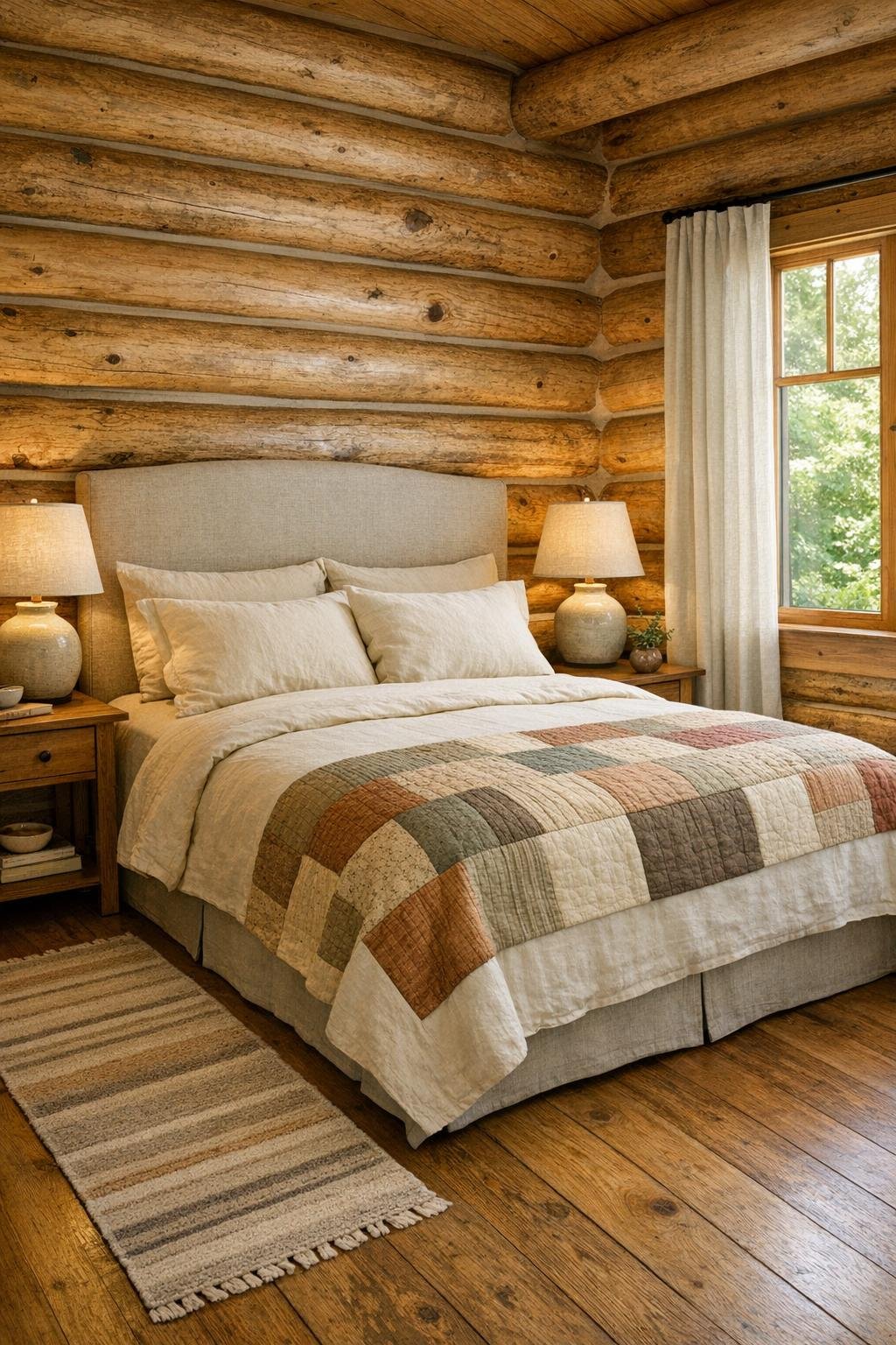 Serene rustic bedroom with linen bedding, soft earth-tone textiles, and natural light