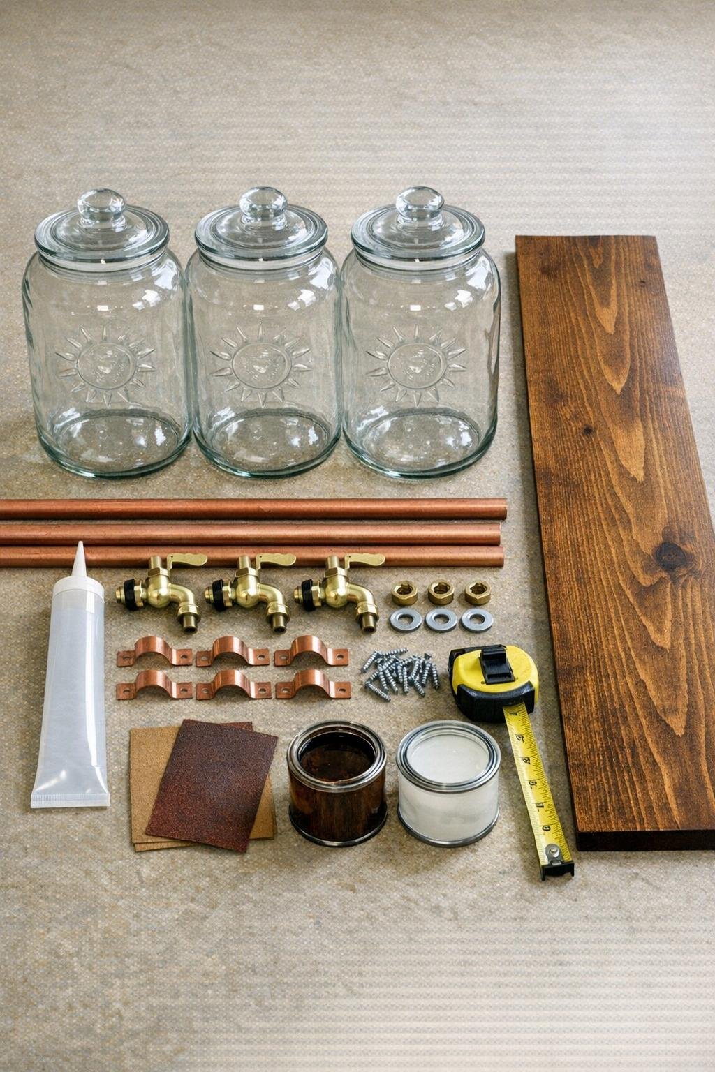 Materials for a three-jar autumn beverage dispenser laid out on a table