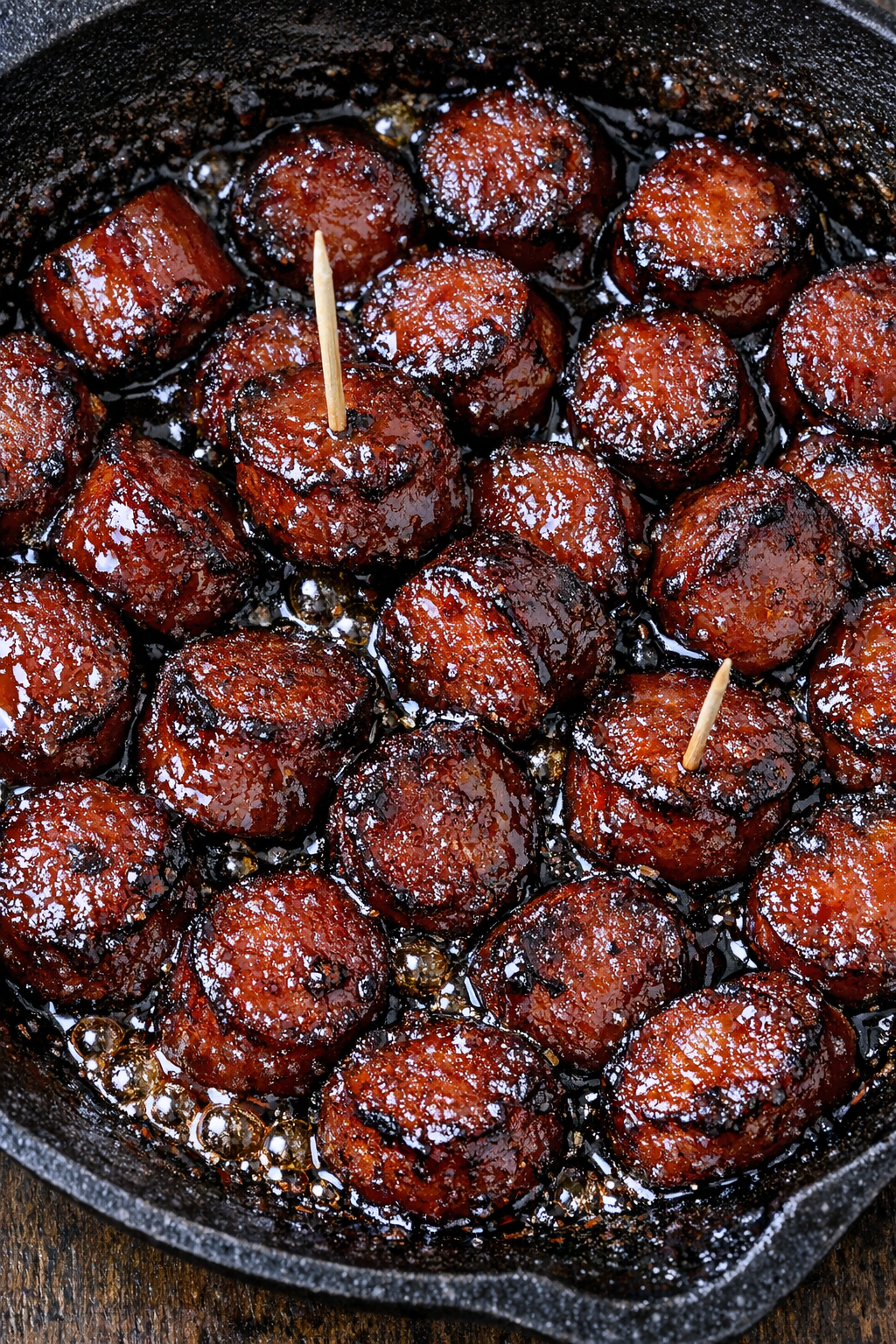 Southern 3-ingredient glazed kielbasa bites in a cast iron skillet