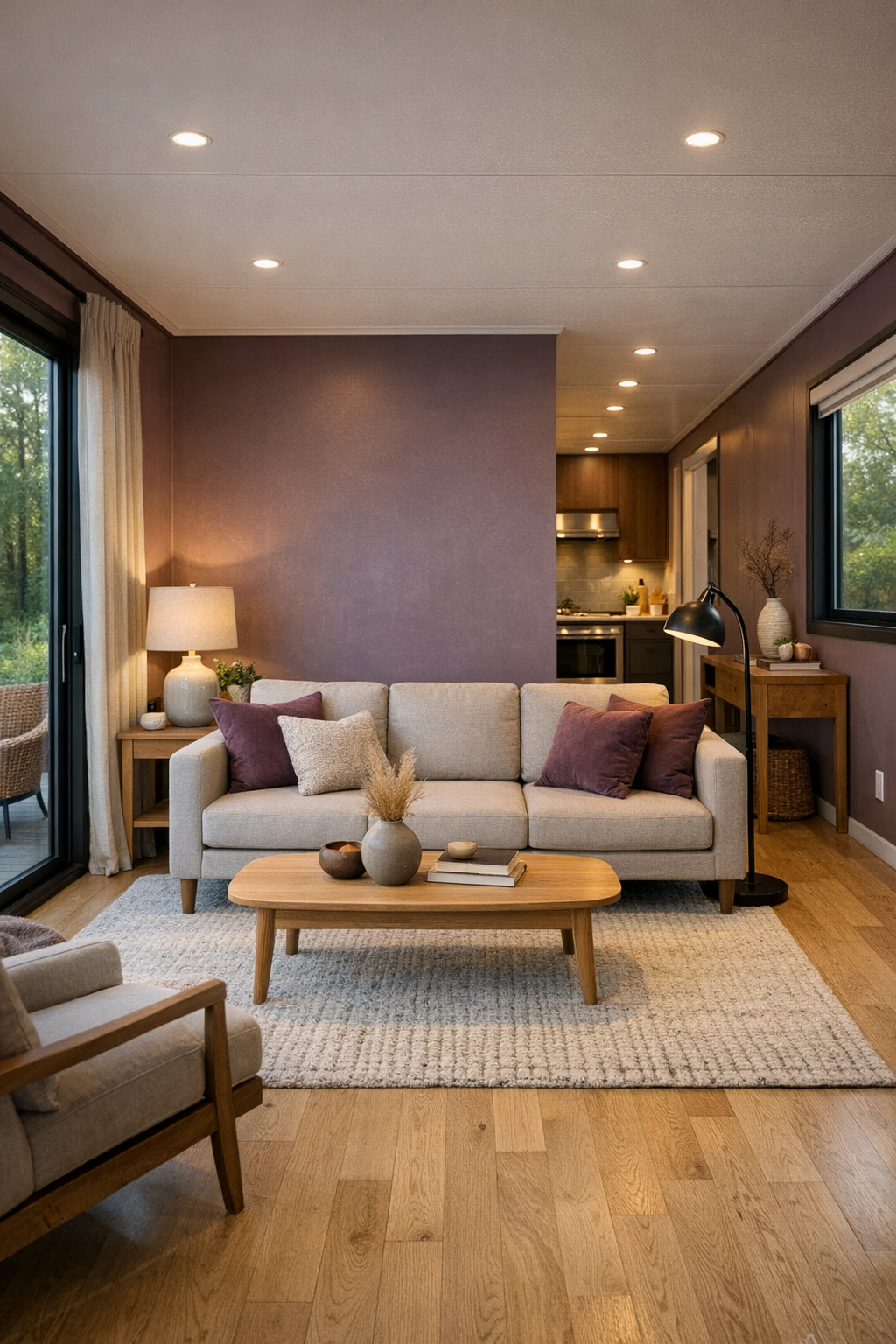 Accessible modern living room with muted plum accents and light oak flooring