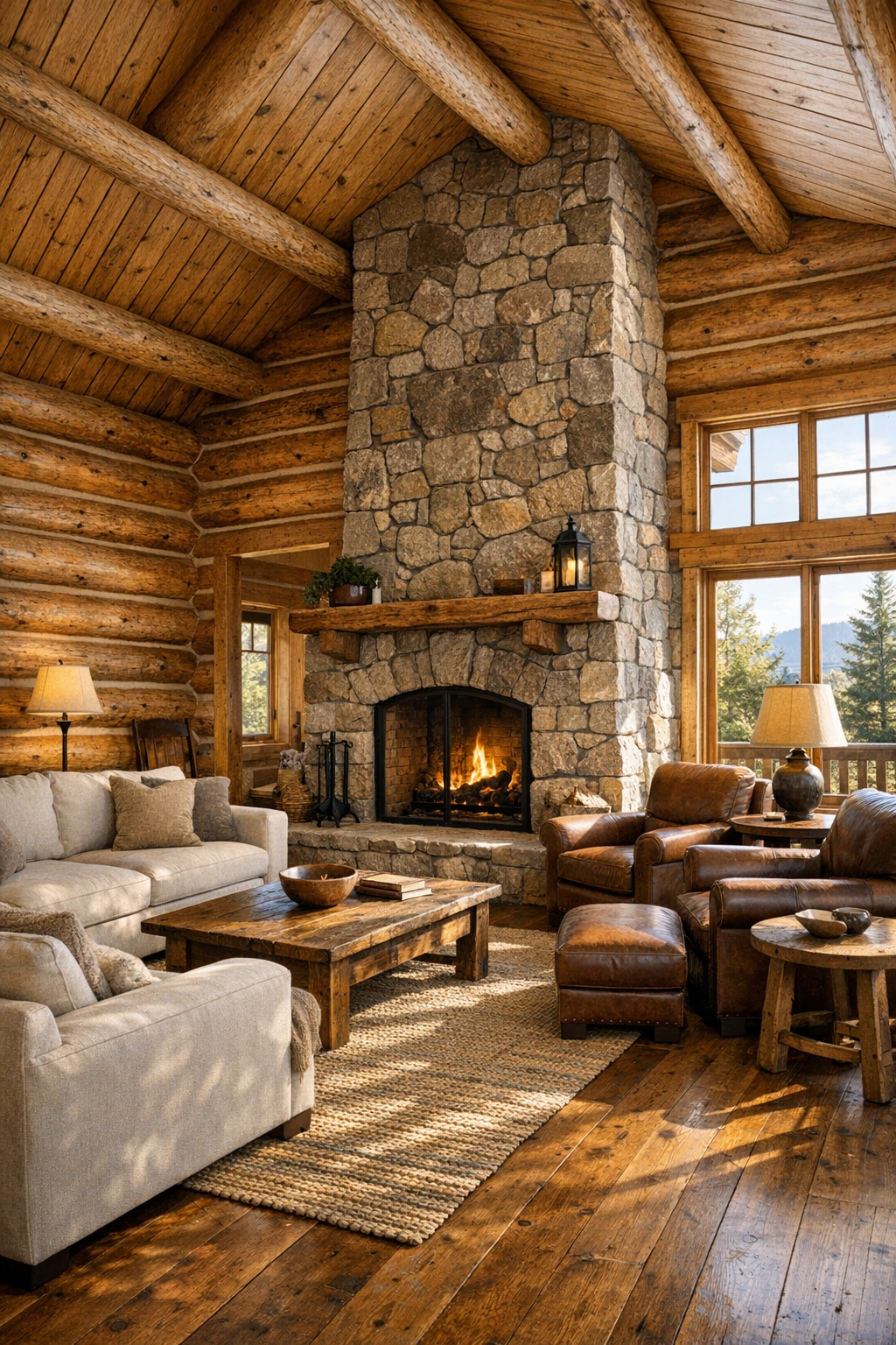 Living room with western larch log walls, stone fireplace, and warm neutral seating