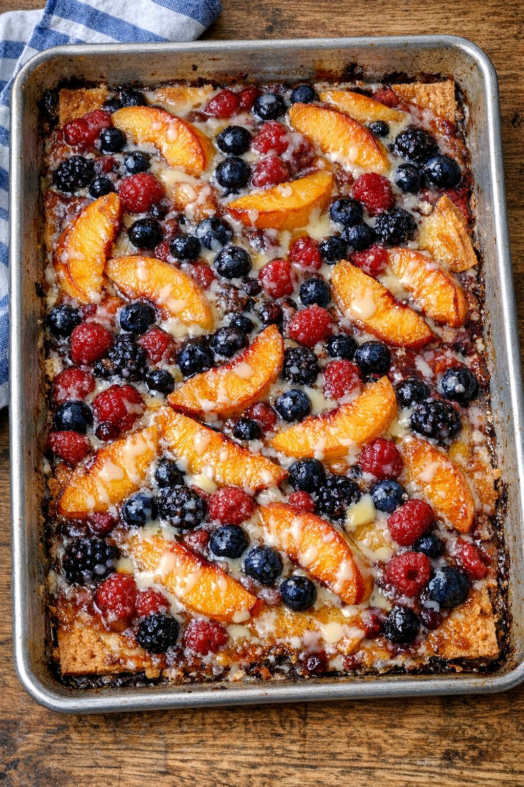Baked graham cracker fruit dessert in a sheet pan