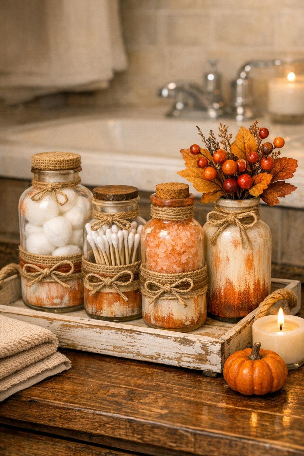 Finished autumn bathroom organizer made from old glass medicine bottles
