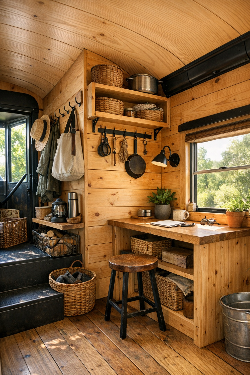 Converted bus entry and work nook with built-in storage and rustic details