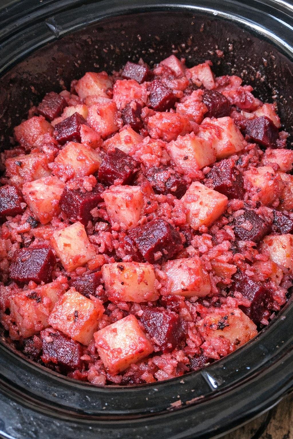Slow cooker potato and beet hash in a black slow cooker