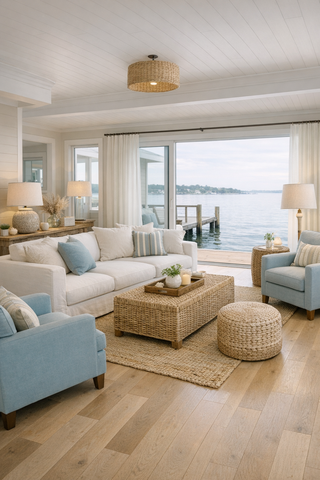 Bright coastal cottage houseboat living room with pale oak floors and soft blue seating