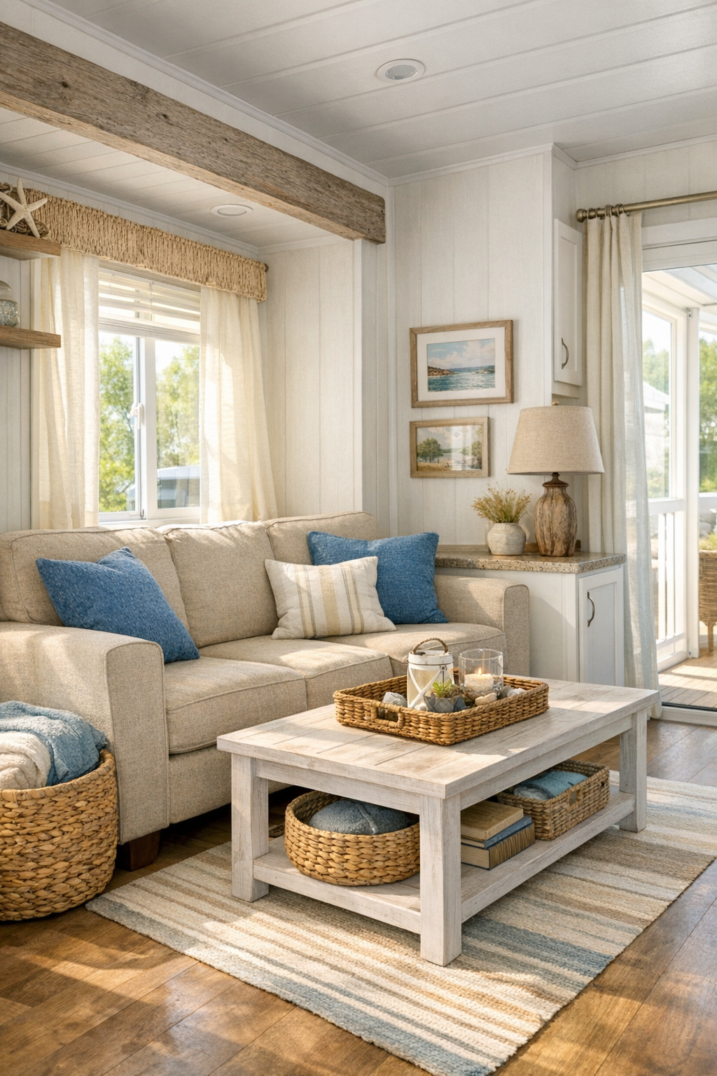 Bright coastal cottage living room with soft neutral seating and blue accents