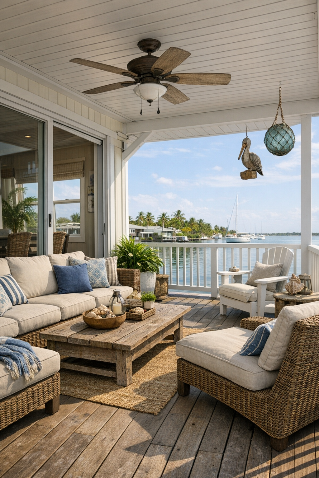 Covered coastal deck with lounge seating, white railings, a ceiling fan, and easy indoor-outdoor access