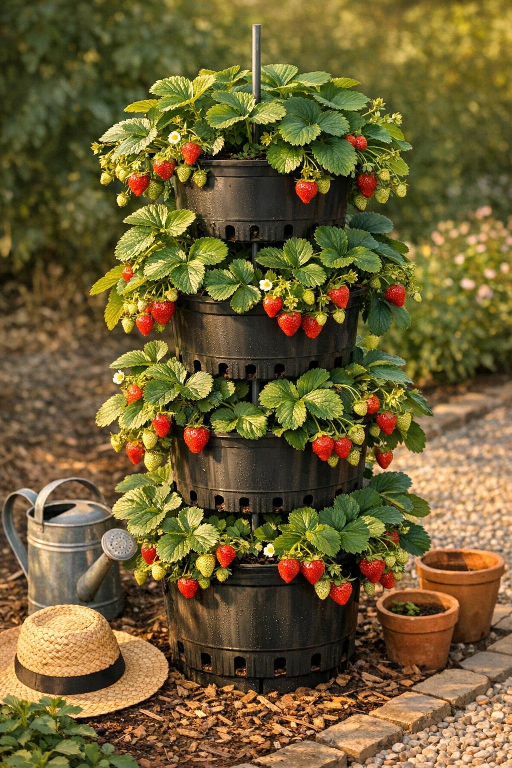 Completed strawberry tower made from stacked black plastic nursery pots in a garden