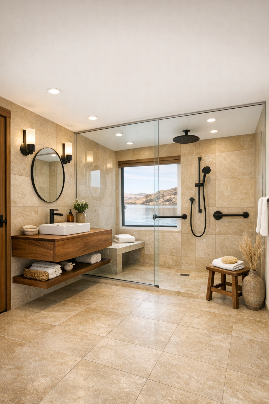 Spa-like accessible bathroom with a floating wood vanity, curbless shower, and warm beige tile