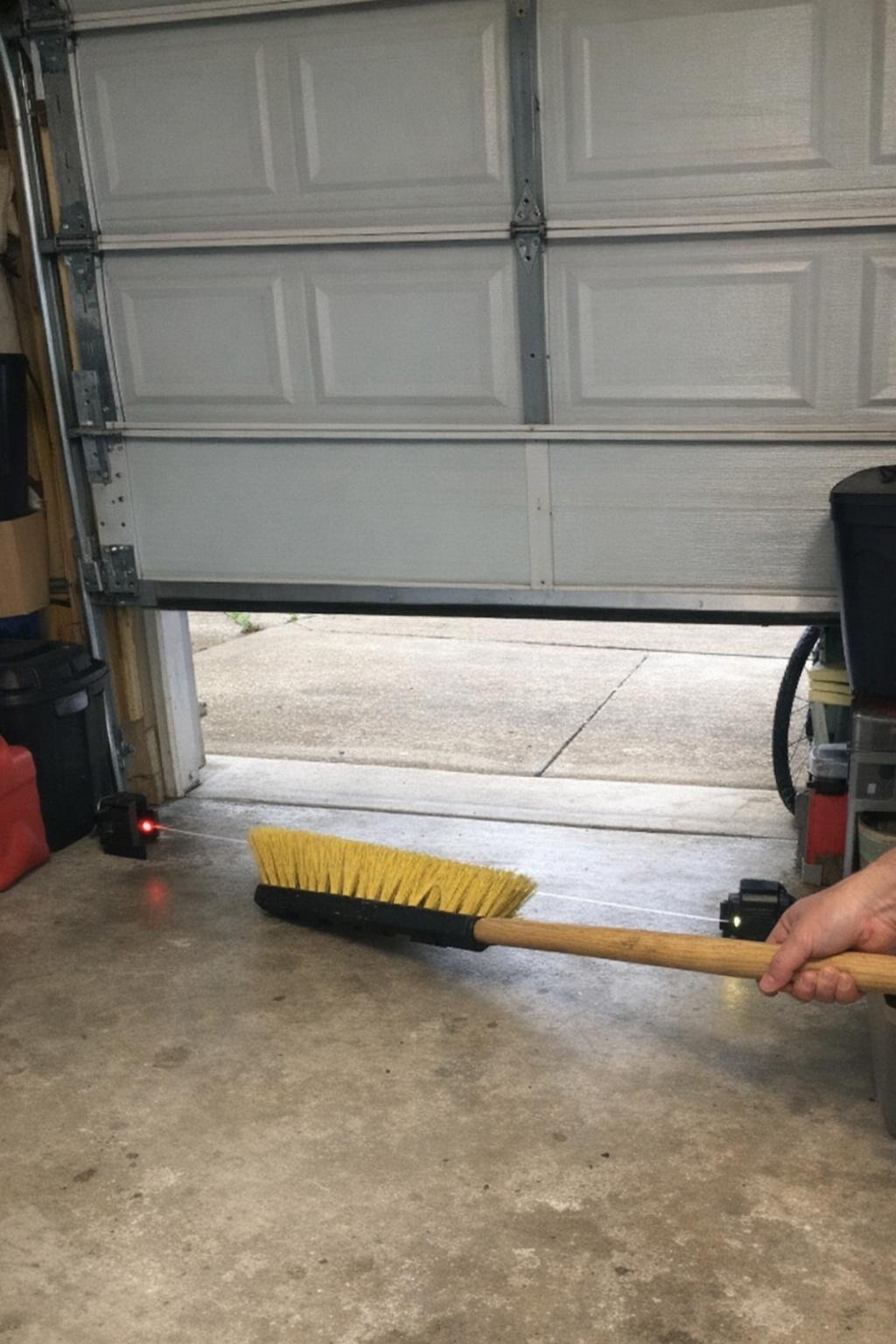 Garage door halfway open with safety sensors being tested
