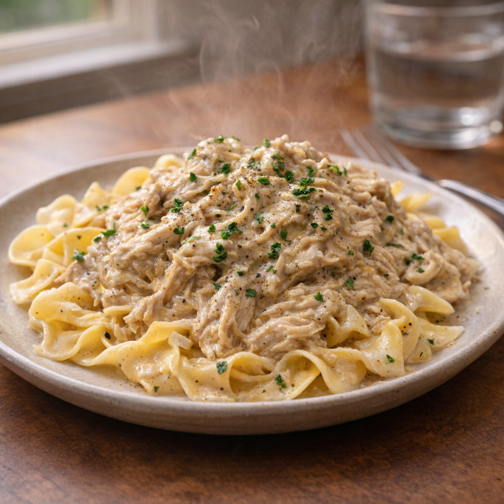 Slow cooker cream chicken served over egg noodles on a weeknight dinner table