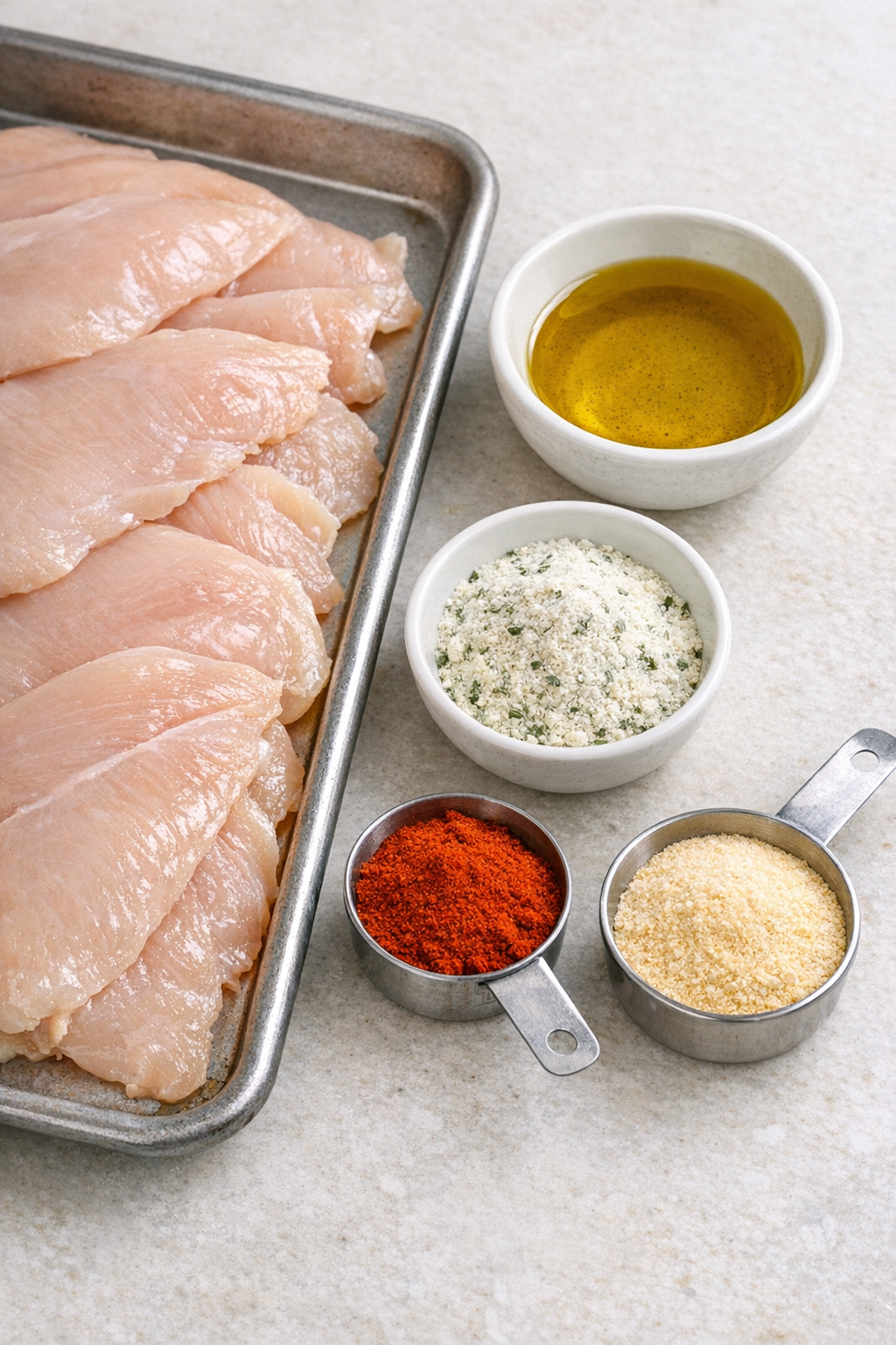 Thin-sliced chicken breasts with oil and seasonings
