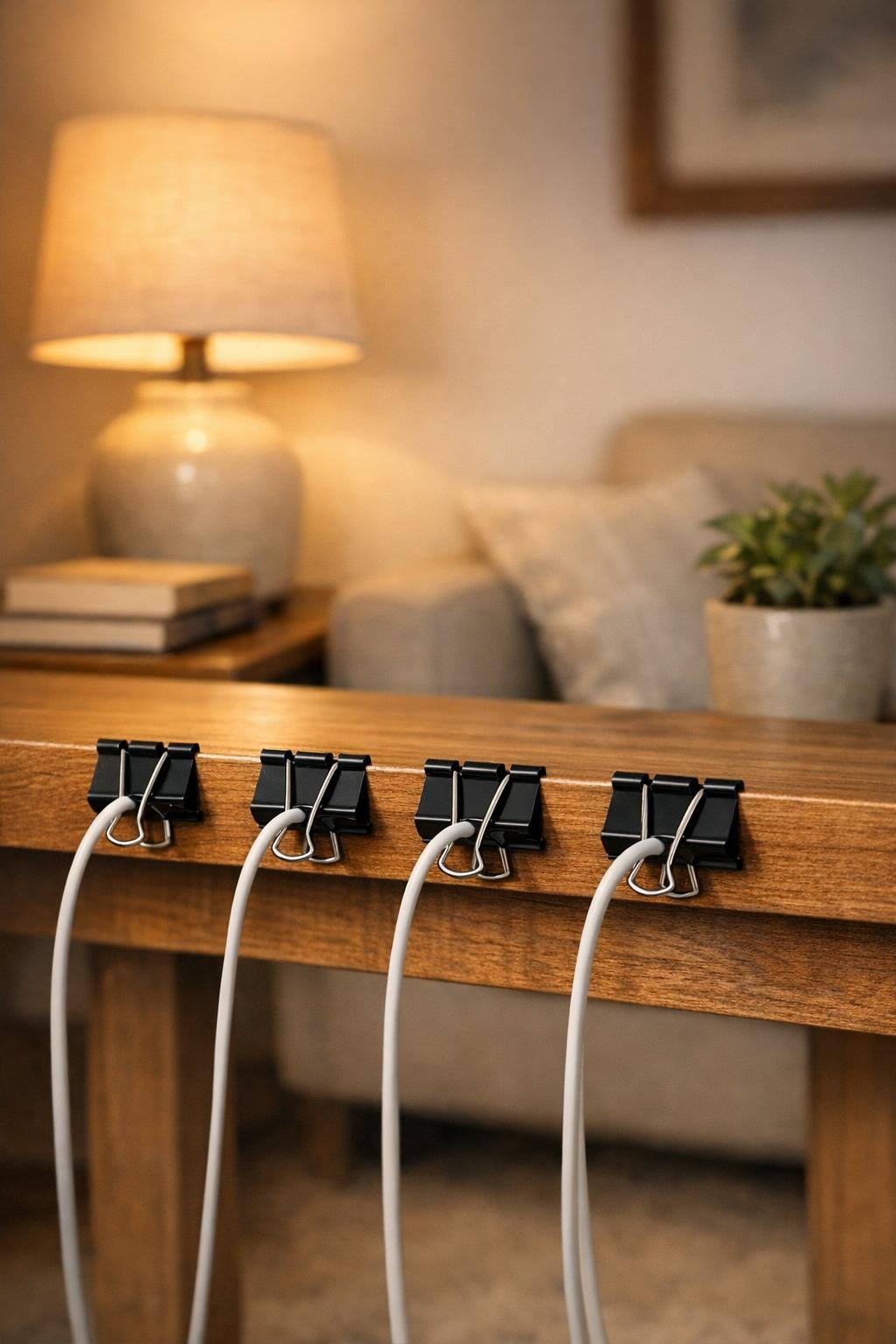 Finished living room cable organizer made from binder clips on the back edge of a wooden desk